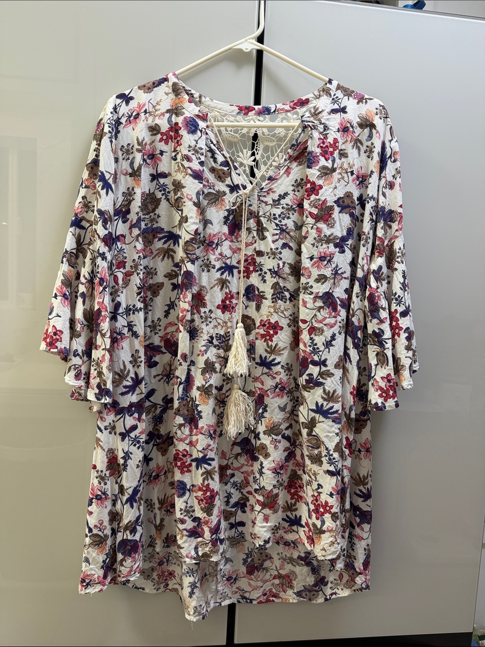 Umgee White Floral Lace-Up Tunic with Pink & Purple Accents